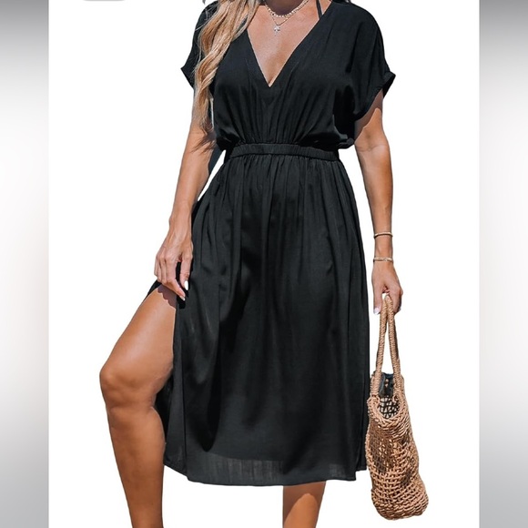 ~Women's Cover Up V Neck Midi Dress Short Sleeves XS~ - Picture 3 of 6